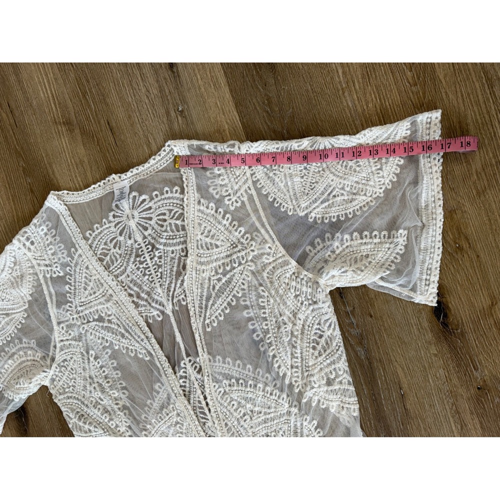 Boho Lace Duster Medallion Mesh Kimono Cardigan Women L-XL Cream Sheer Cover Up - Picture 5 of 9
